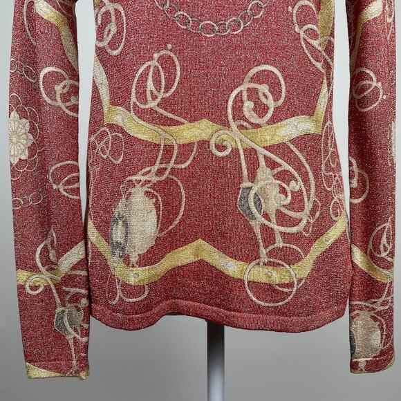 J. McLaughlin Red Gold Metallic Top Size Medium Button Back Artsy Contemporary - Picture 5 of 11